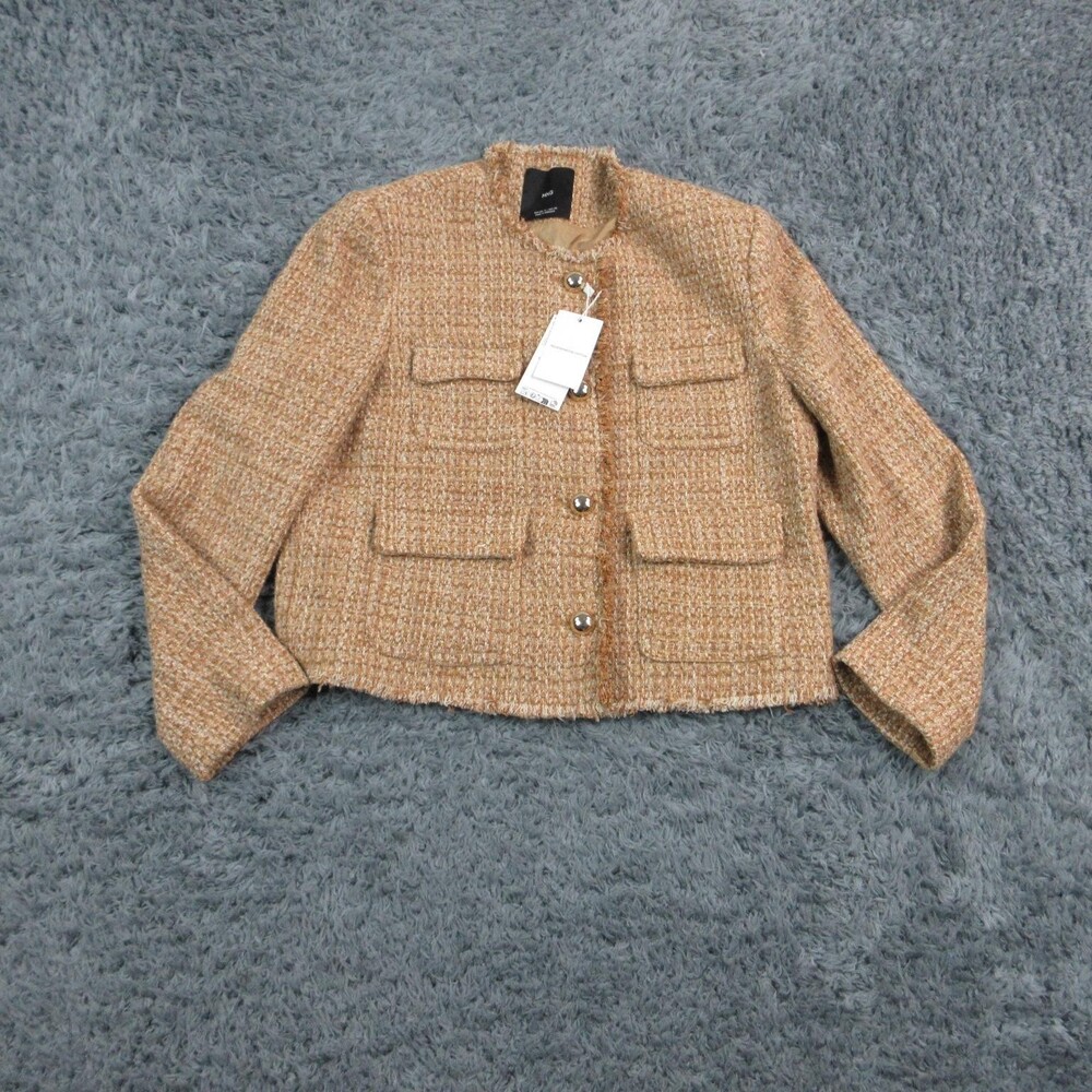 MNG Jacket Womens XL Beige Tweed Lined Pockets Fringe Short Button Closure NWT